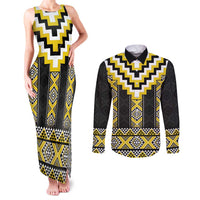Yellow Taniko Aotearoa Couples Matching Tank Maxi Dress and Long Sleeve Button Shirt Niho Taniwha Mix Poutama LT14 Yellow - Polynesian Pride