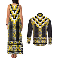 Yellow Taniko Aotearoa Couples Matching Tank Maxi Dress and Long Sleeve Button Shirt Niho Taniwha Mix Poutama LT14 - Polynesian Pride
