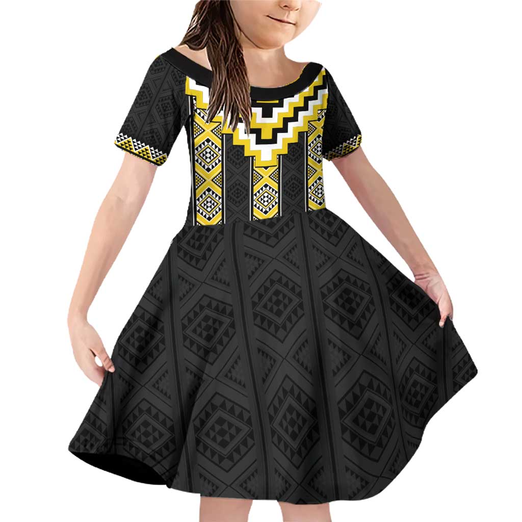 Yellow Taniko Aotearoa Family Matching Off Shoulder Short Dress and Hawaiian Shirt Niho Taniwha Mix Poutama LT14 Daughter's Dress Yellow - Polynesian Pride
