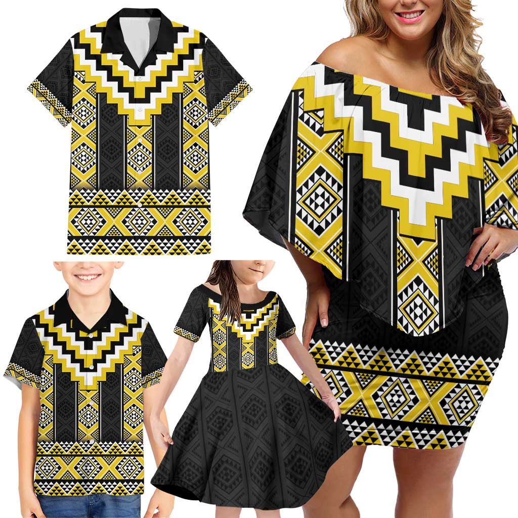 Yellow Taniko Aotearoa Family Matching Off Shoulder Short Dress and Hawaiian Shirt Niho Taniwha Mix Poutama LT14 - Polynesian Pride