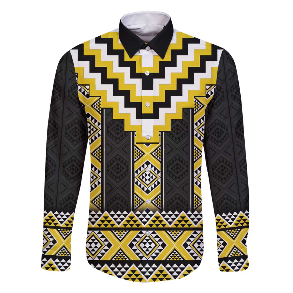 Yellow Taniko Aotearoa Family Matching Off Shoulder Short Dress and Hawaiian Shirt Niho Taniwha Mix Poutama LT14 Dad's Shirt - Long Sleeve Yellow - Polynesian Pride