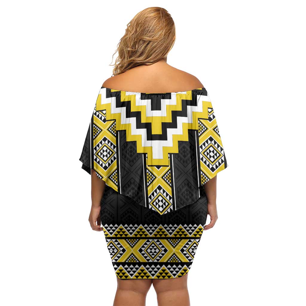 Yellow Taniko Aotearoa Family Matching Off Shoulder Short Dress and Hawaiian Shirt Niho Taniwha Mix Poutama LT14 - Polynesian Pride