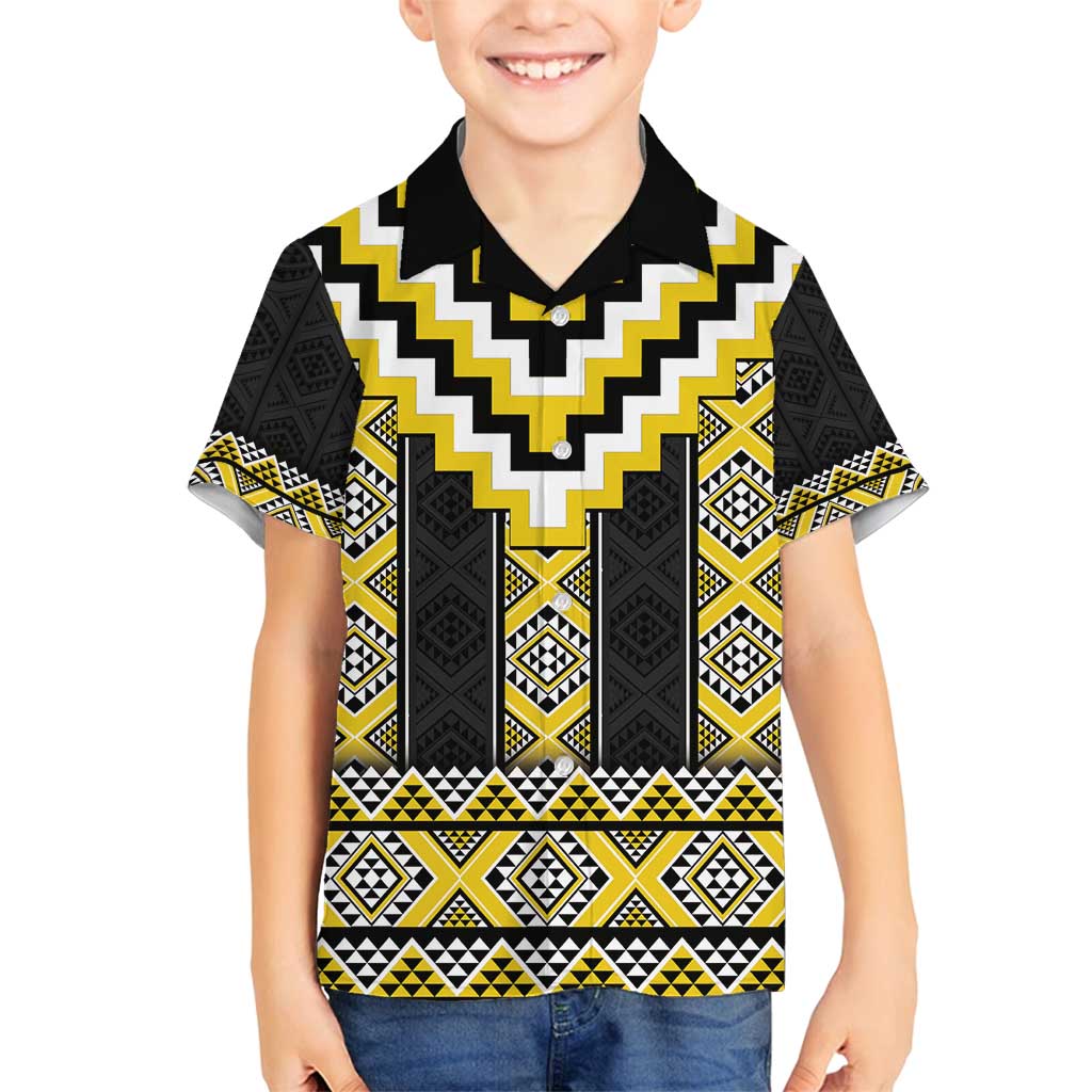 Yellow Taniko Aotearoa Family Matching Off Shoulder Short Dress and Hawaiian Shirt Niho Taniwha Mix Poutama LT14 Son's Shirt Yellow - Polynesian Pride