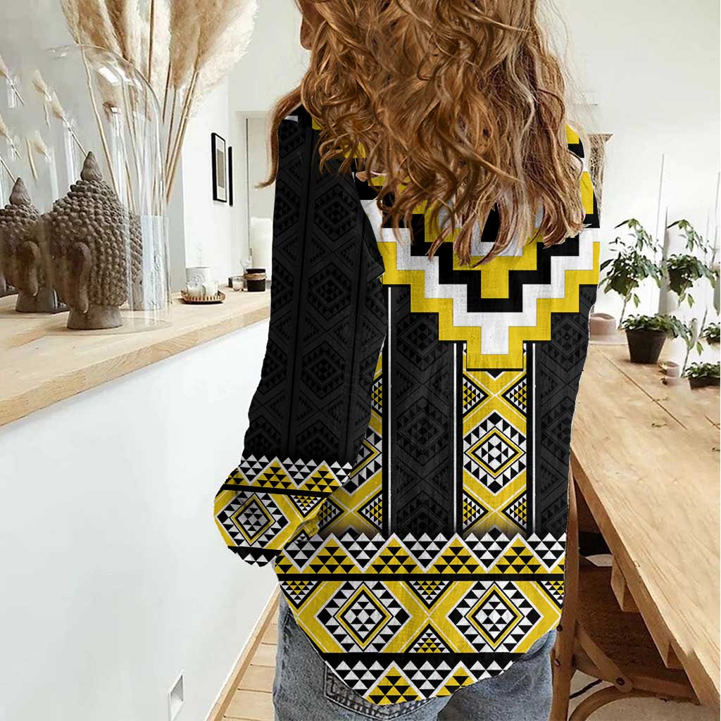 Yellow Taniko Aotearoa Women Casual Shirt Niho Taniwha Mix Poutama LT14 - Polynesian Pride