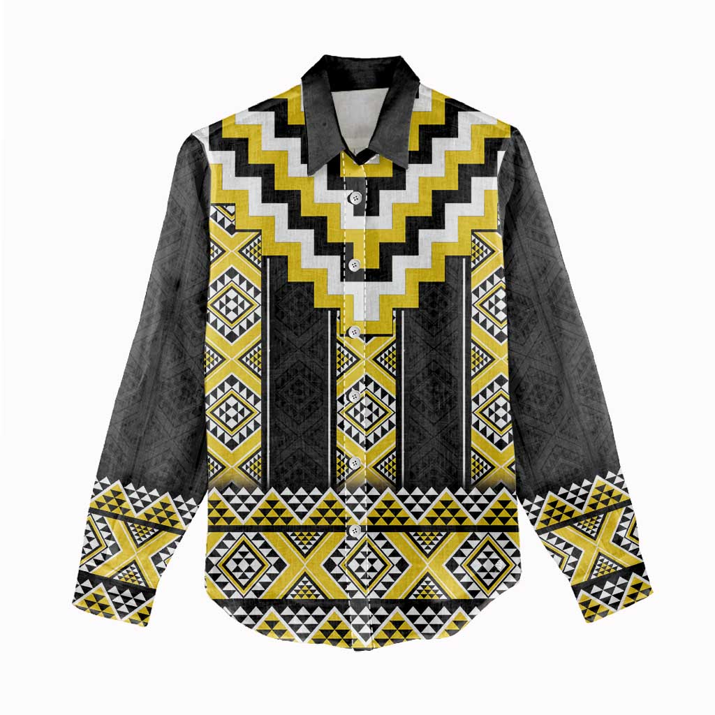 Yellow Taniko Aotearoa Women Casual Shirt Niho Taniwha Mix Poutama LT14 - Polynesian Pride