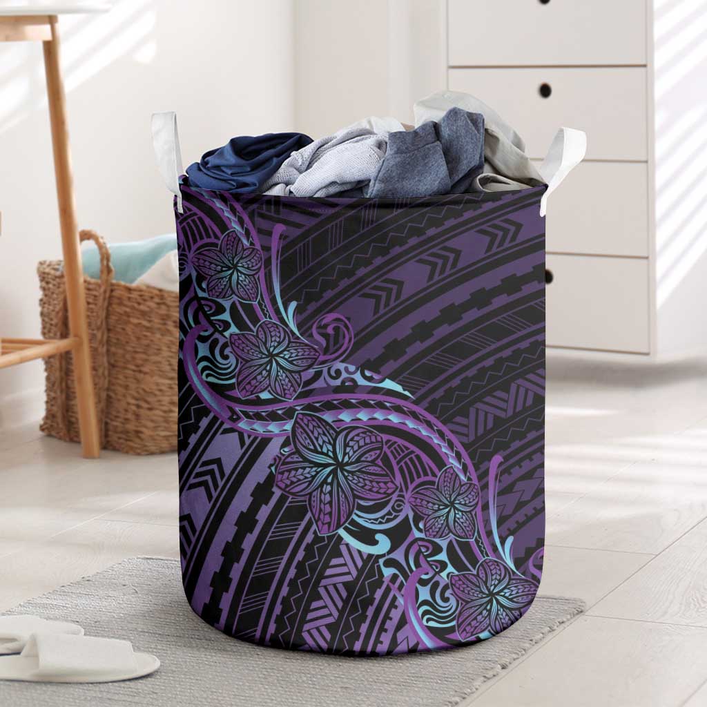 Teal Purple Polynesia Plumeria Tattoo Laundry Basket