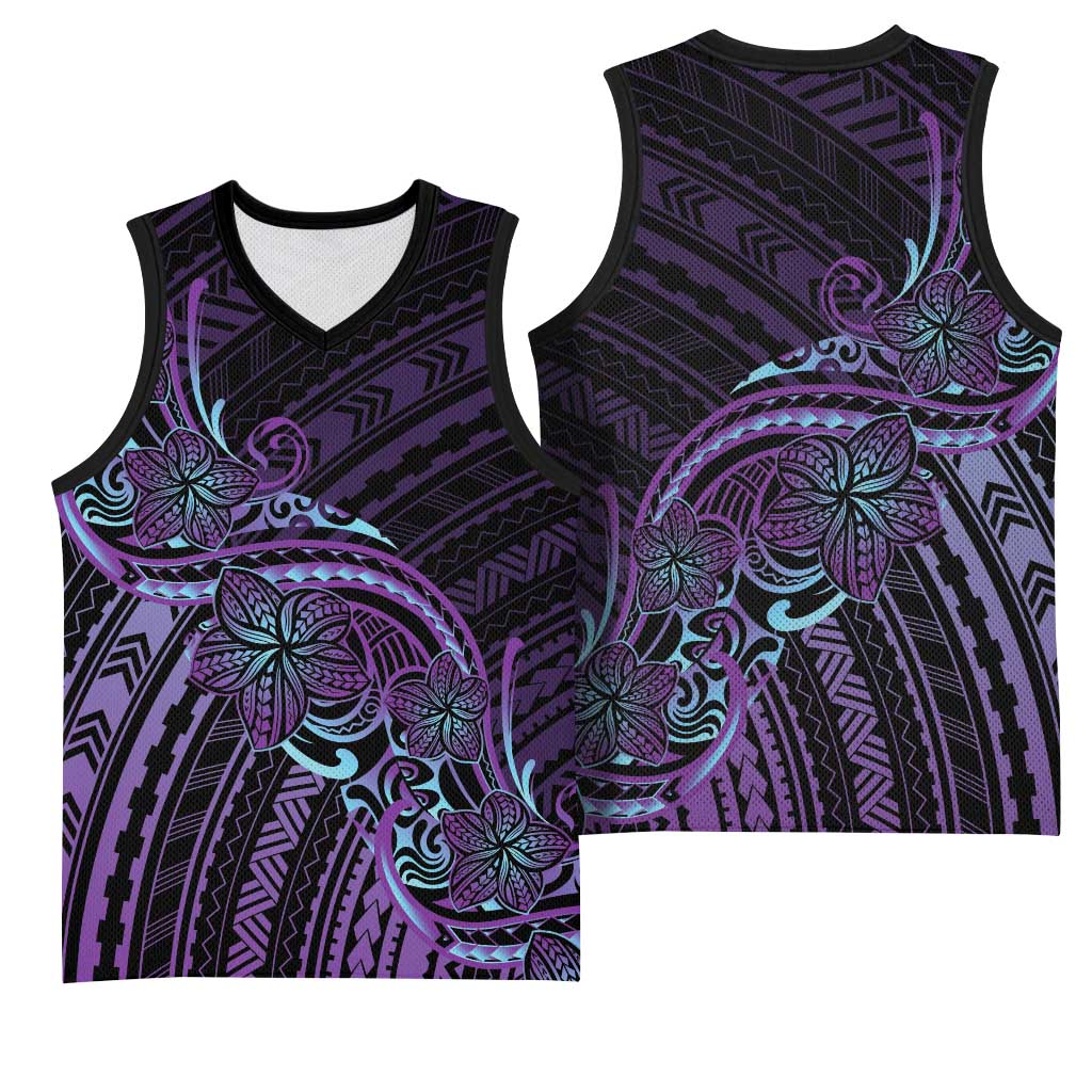 Teal Purple Polynesia Plumeria Tattoo Basketball Jersey
