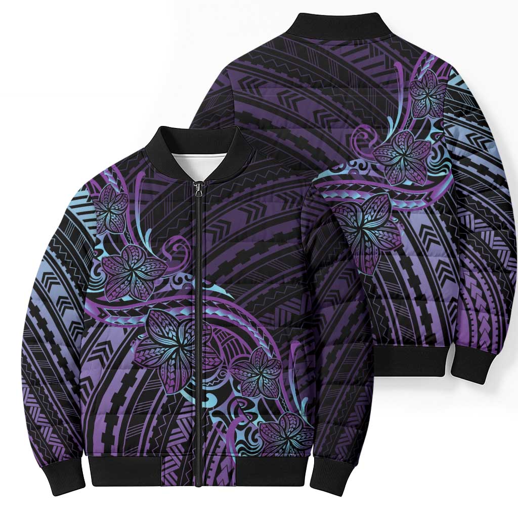 Teal Purple Polynesia Plumeria Tattoo Bomber Puffer Jacket