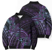 Teal Purple Polynesia Plumeria Tattoo Bomber Puffer Jacket