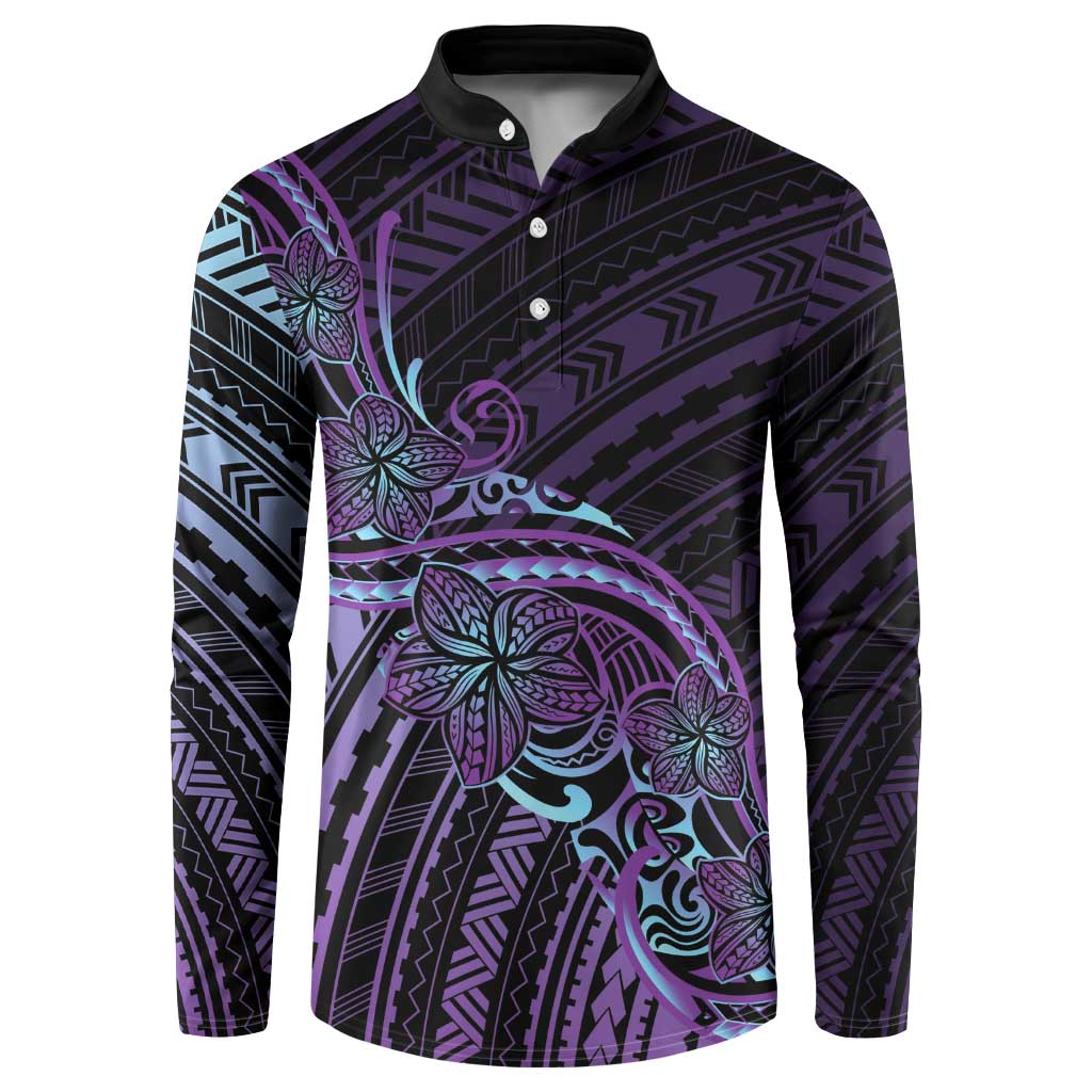 Teal Purple Polynesia Plumeria Tattoo Button Sweatshirt