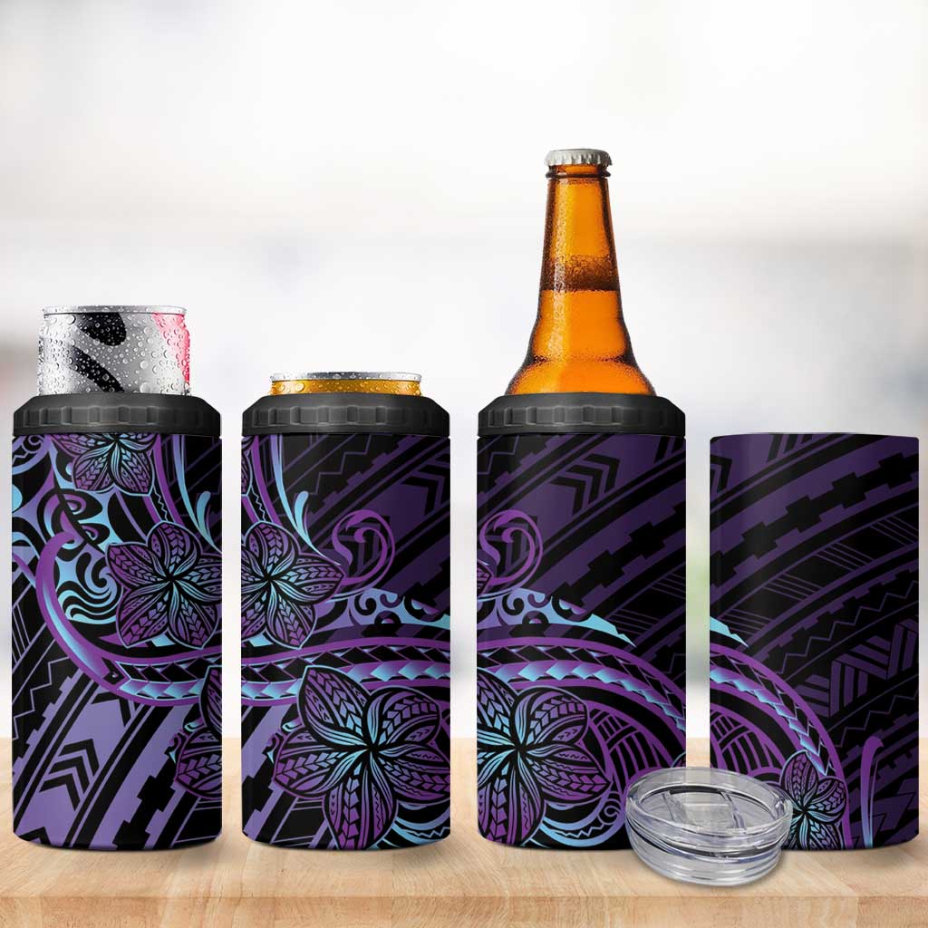 Teal Purple Polynesia Plumeria Tattoo 4 in 1 Can Cooler Tumbler