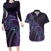 Teal Purple Polynesia Plumeria Tattoo Couples Matching Long Sleeve Bodycon Dress and Hawaiian Shirt