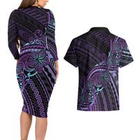 Teal Purple Polynesia Plumeria Tattoo Couples Matching Long Sleeve Bodycon Dress and Hawaiian Shirt