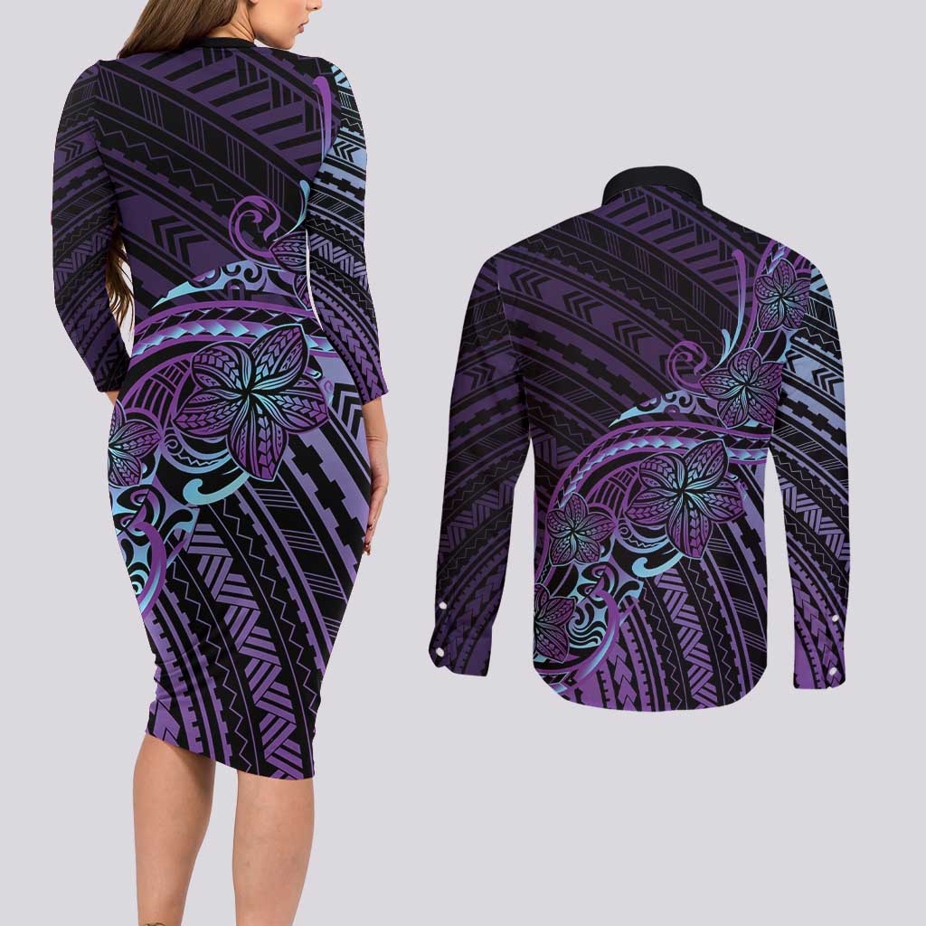 Teal Purple Polynesia Plumeria Tattoo Couples Matching Long Sleeve Bodycon Dress and Long Sleeve Button Shirt