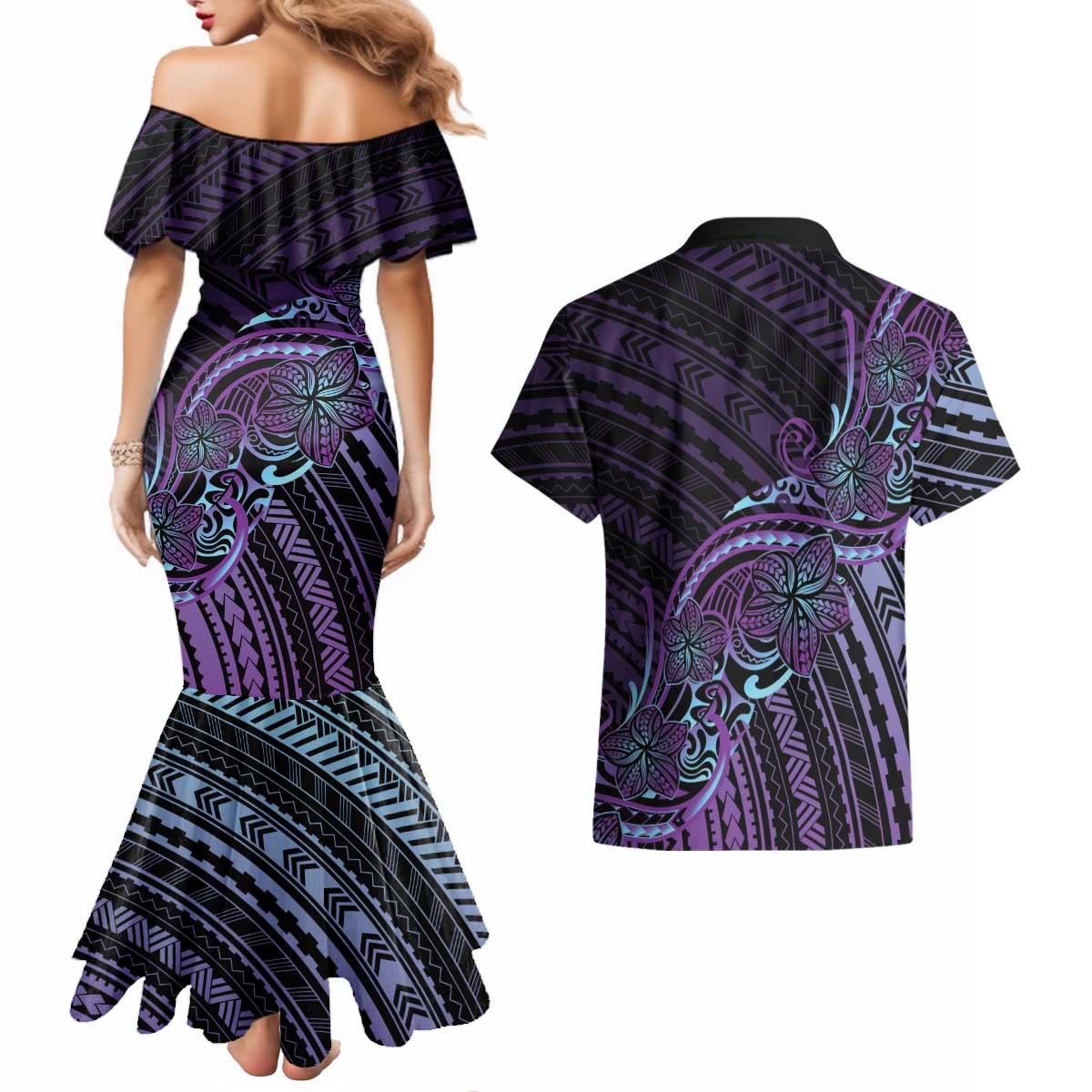 Teal Purple Polynesia Plumeria Tattoo Couples Matching Mermaid Dress and Hawaiian Shirt