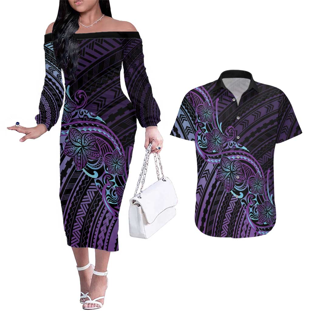 Teal Purple Polynesia Plumeria Tattoo Couples Matching Off The Shoulder Long Sleeve Dress and Hawaiian Shirt