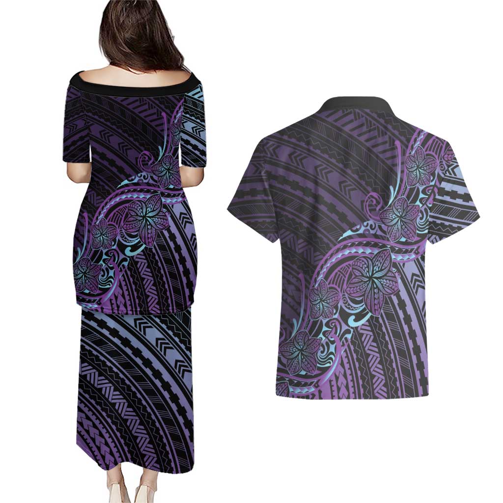 Teal Purple Polynesia Plumeria Tattoo Couples Matching Puletasi and Hawaiian Shirt