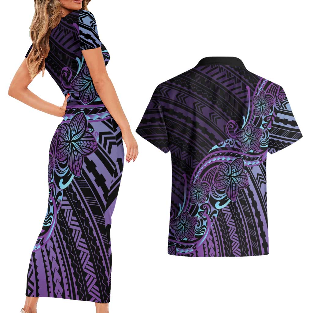 Teal Purple Polynesia Plumeria Tattoo Couples Matching Short Sleeve Bodycon Dress and Hawaiian Shirt