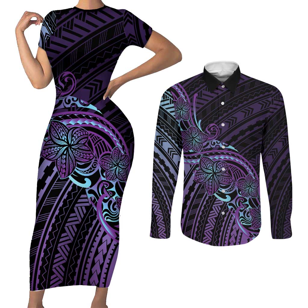 Teal Purple Polynesia Plumeria Tattoo Couples Matching Short Sleeve Bodycon Dress and Long Sleeve Button Shirt
