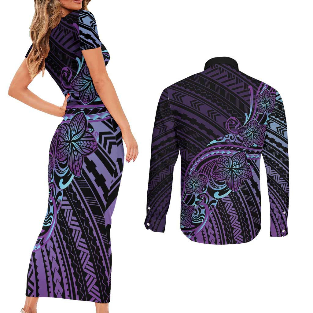 Teal Purple Polynesia Plumeria Tattoo Couples Matching Short Sleeve Bodycon Dress and Long Sleeve Button Shirt