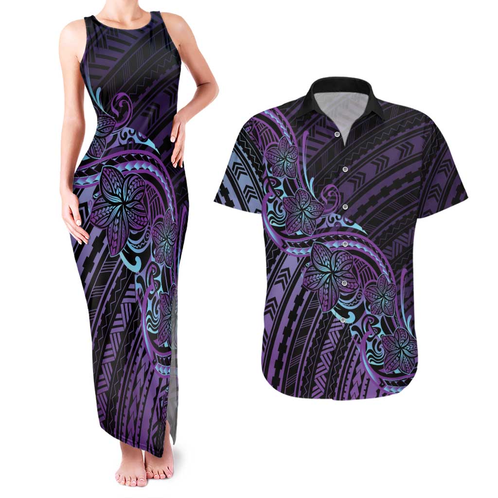 Teal Purple Polynesia Plumeria Tattoo Couples Matching Tank Maxi Dress and Hawaiian Shirt LT14 Purple - Polynesian Pride