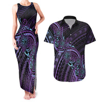 Teal Purple Polynesia Plumeria Tattoo Couples Matching Tank Maxi Dress and Hawaiian Shirt LT14 Purple - Polynesian Pride