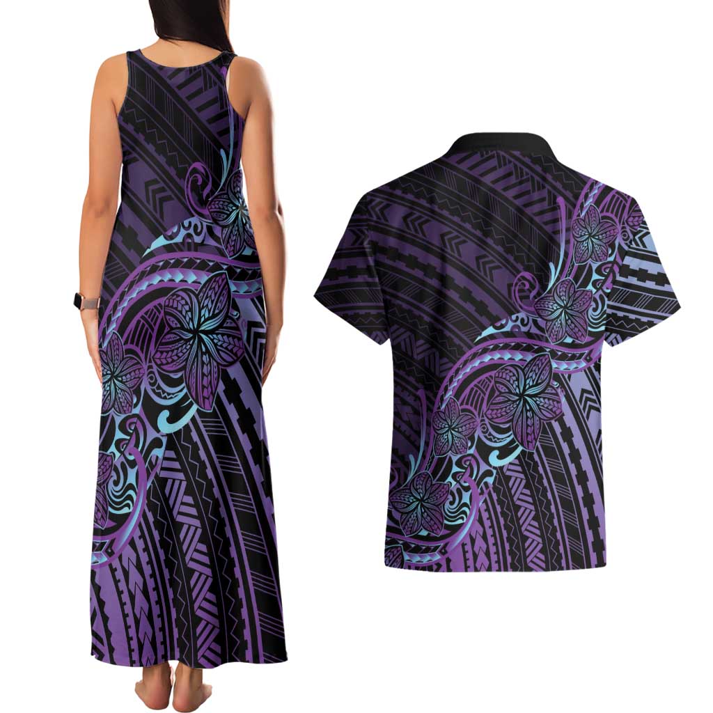 Teal Purple Polynesia Plumeria Tattoo Couples Matching Tank Maxi Dress and Hawaiian Shirt LT14 - Polynesian Pride
