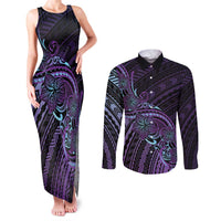 Teal Purple Polynesia Plumeria Tattoo Couples Matching Tank Maxi Dress and Long Sleeve Button Shirt