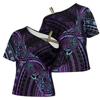 Teal Purple Polynesia Plumeria Tattoo Cross Shoulder Shirt