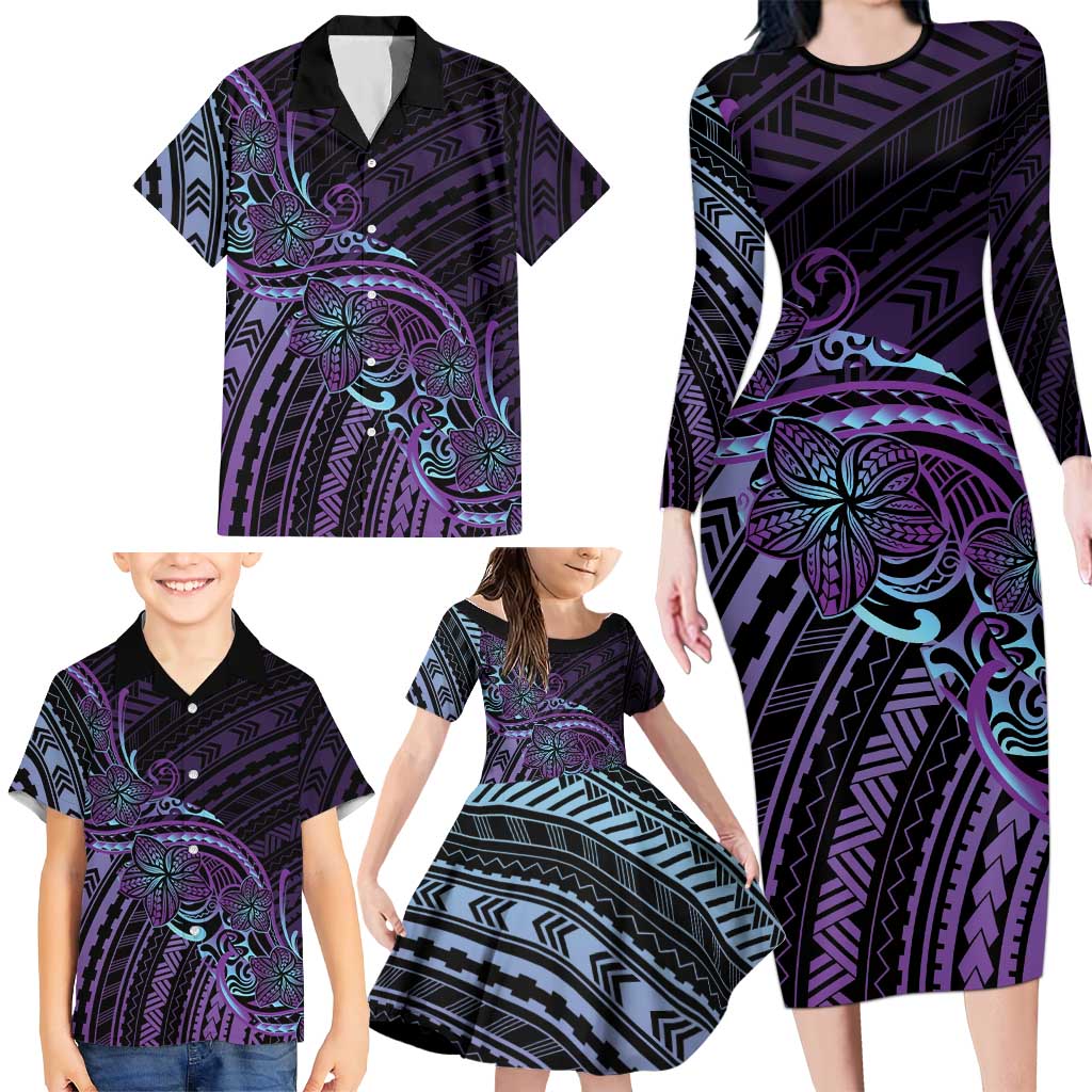 Teal Purple Polynesia Plumeria Tattoo Family Matching Long Sleeve Bodycon Dress and Hawaiian Shirt LT14 - Polynesian Pride