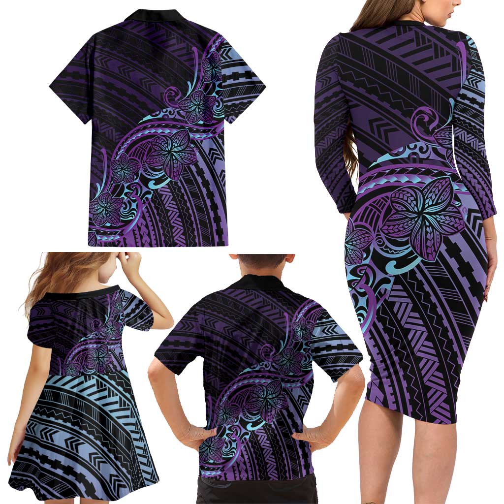 Teal Purple Polynesia Plumeria Tattoo Family Matching Long Sleeve Bodycon Dress and Hawaiian Shirt LT14 - Polynesian Pride