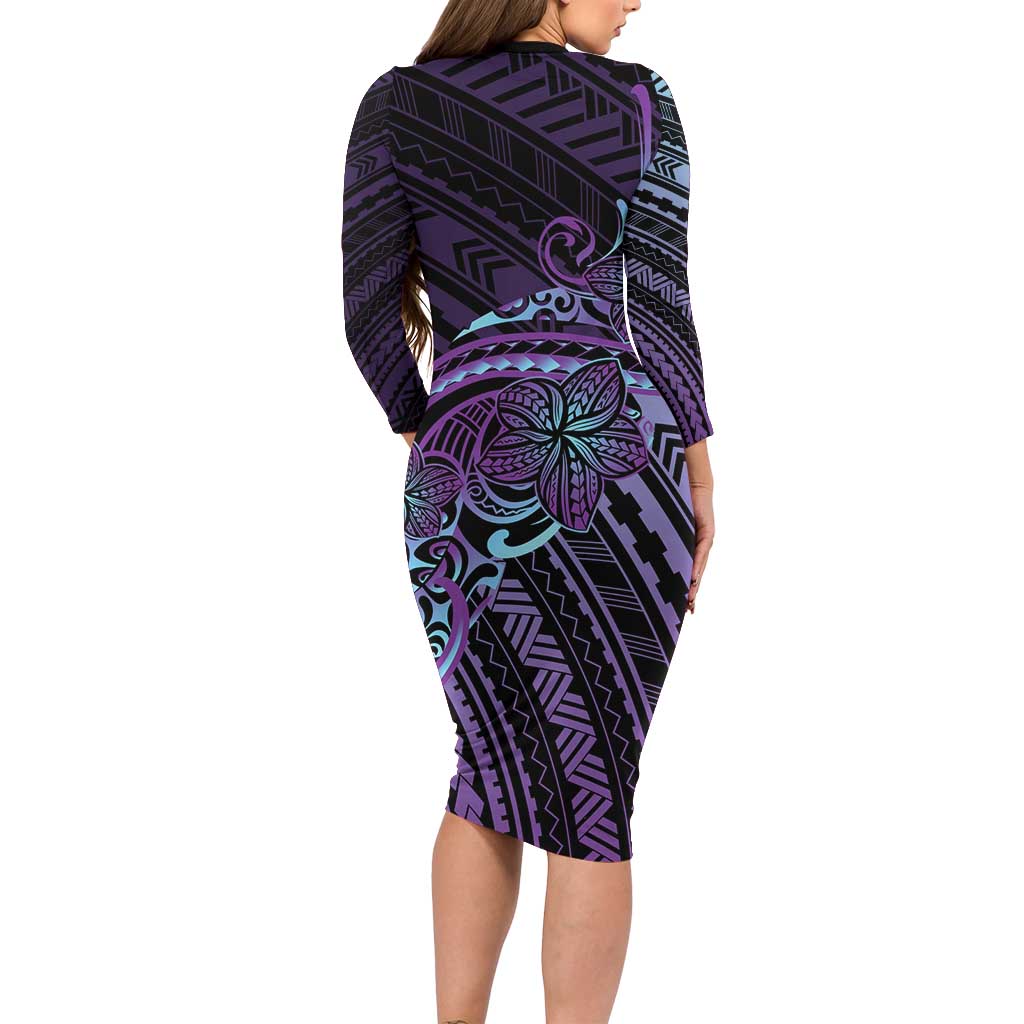 Teal Purple Polynesia Plumeria Tattoo Family Matching Long Sleeve Bodycon Dress and Hawaiian Shirt LT14 - Polynesian Pride