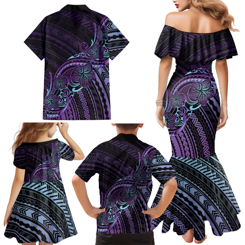 Teal Purple Polynesia Plumeria Tattoo Family Matching Mermaid Dress and Hawaiian Shirt LT14 - Polynesian Pride