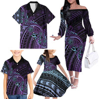 Teal Purple Polynesia Plumeria Tattoo Family Matching Off The Shoulder Long Sleeve Dress and Hawaiian Shirt