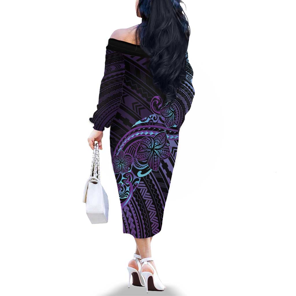 Teal Purple Polynesia Plumeria Tattoo Family Matching Off The Shoulder Long Sleeve Dress and Hawaiian Shirt