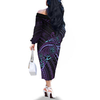 Teal Purple Polynesia Plumeria Tattoo Family Matching Off The Shoulder Long Sleeve Dress and Hawaiian Shirt
