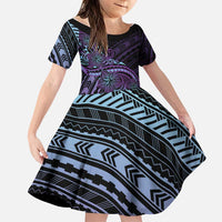 Teal Purple Polynesia Plumeria Tattoo Family Matching Off Shoulder Maxi Dress and Hawaiian Shirt LT14 Daughter's Dress Purple - Polynesian Pride