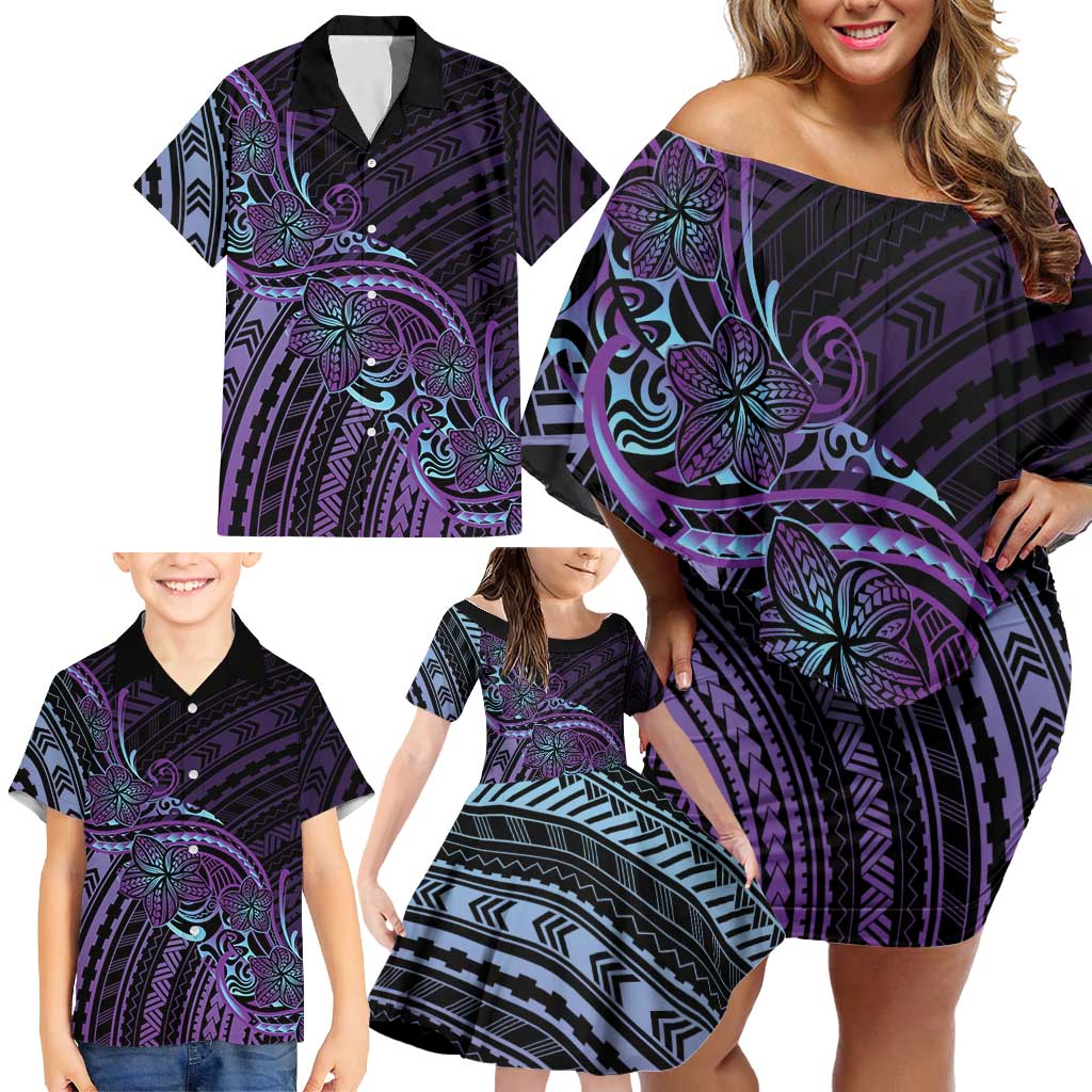 Teal Purple Polynesia Plumeria Tattoo Family Matching Off Shoulder Short Dress and Hawaiian Shirt