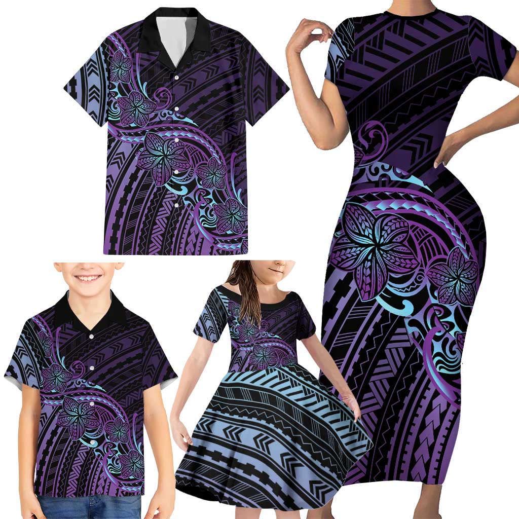 Teal Purple Polynesia Plumeria Tattoo Family Matching Short Sleeve Bodycon Dress and Hawaiian Shirt LT14 - Polynesian Pride
