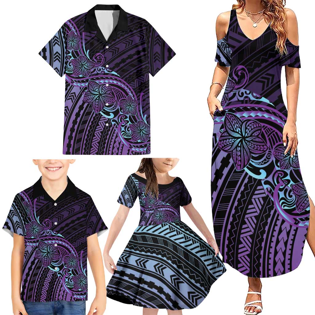 Teal Purple Polynesia Plumeria Tattoo Family Matching Summer Maxi Dress and Hawaiian Shirt