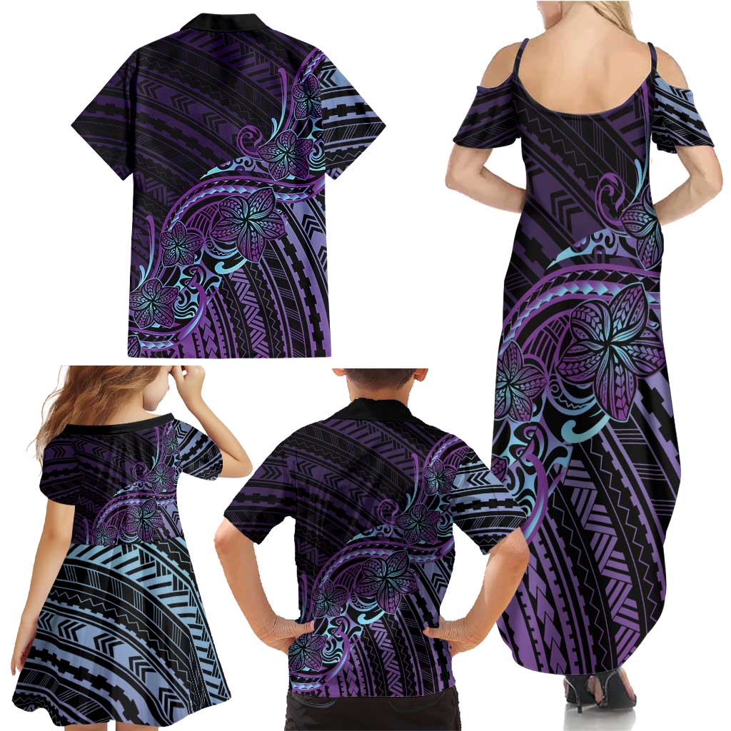 Teal Purple Polynesia Plumeria Tattoo Family Matching Summer Maxi Dress and Hawaiian Shirt LT14 - Polynesian Pride