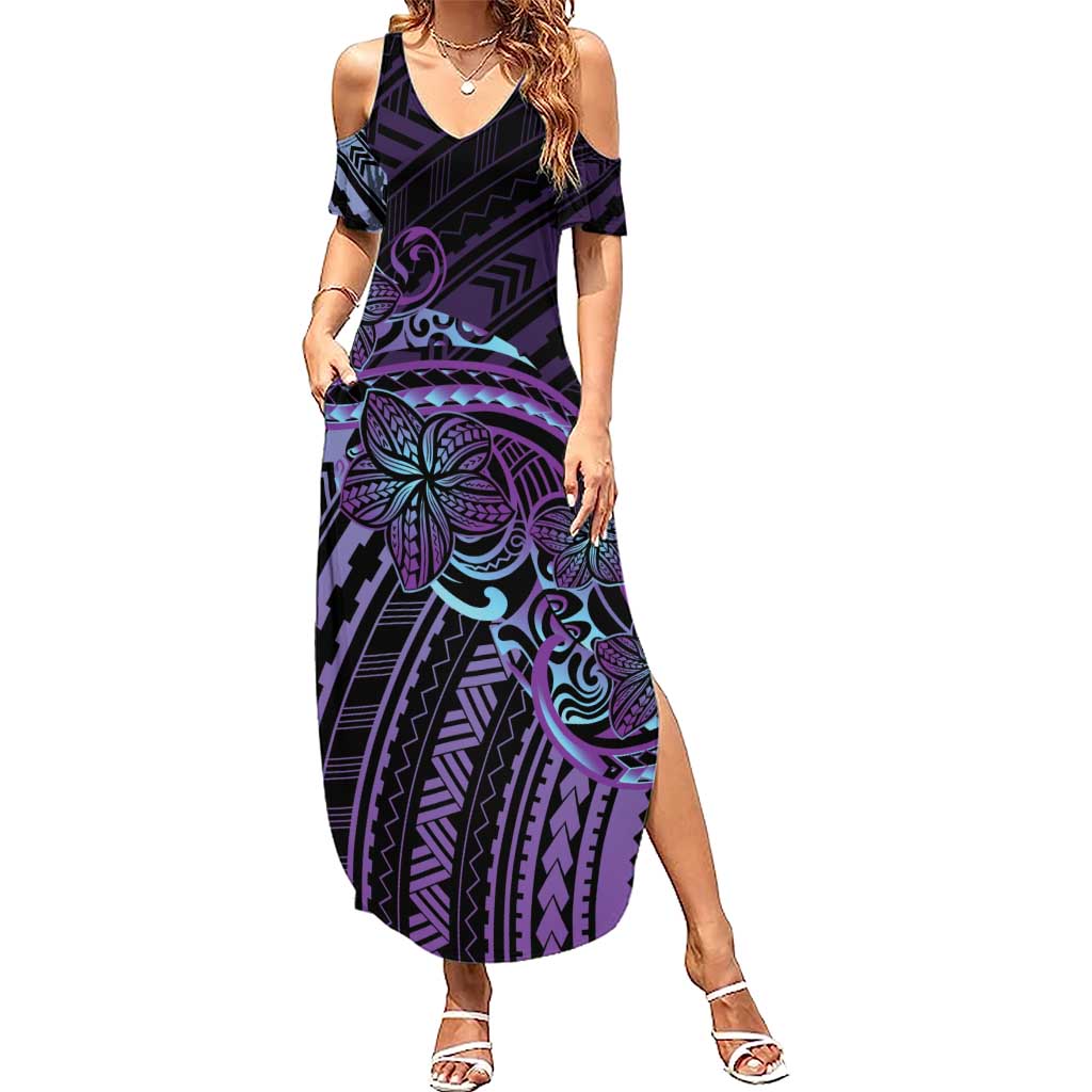 Teal Purple Polynesia Plumeria Tattoo Family Matching Summer Maxi Dress and Hawaiian Shirt LT14 Mom's Dress Purple - Polynesian Pride