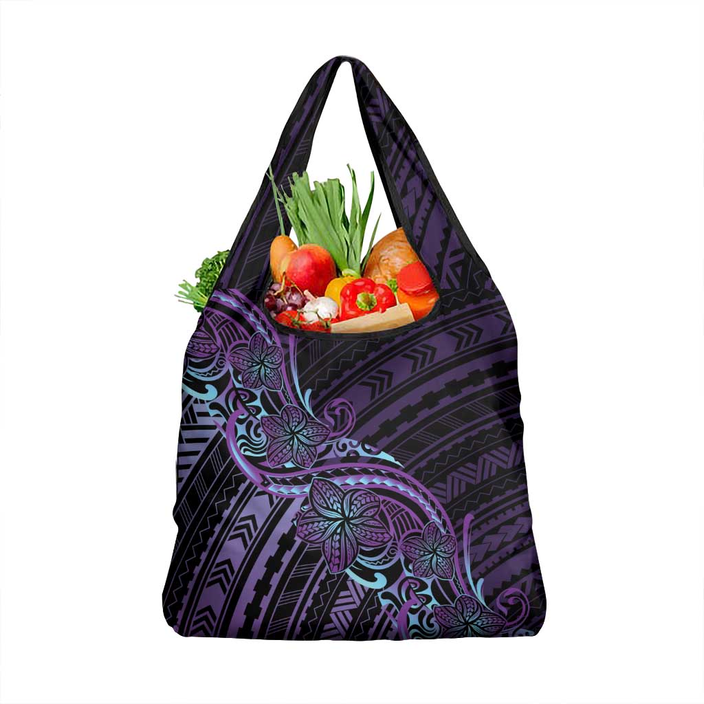 Teal Purple Polynesia Plumeria Tattoo Grocery Bag