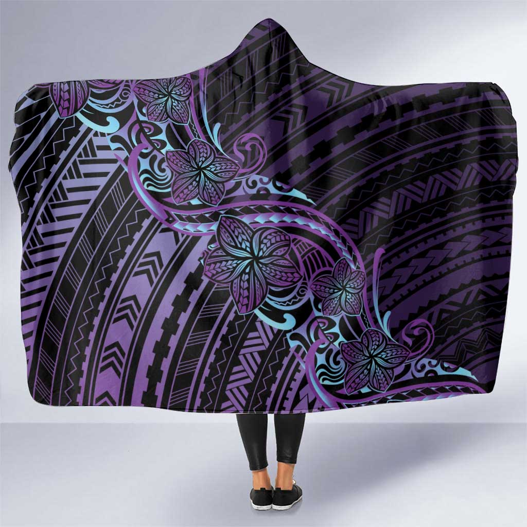 Teal Purple Polynesia Plumeria Tattoo Hooded Blanket