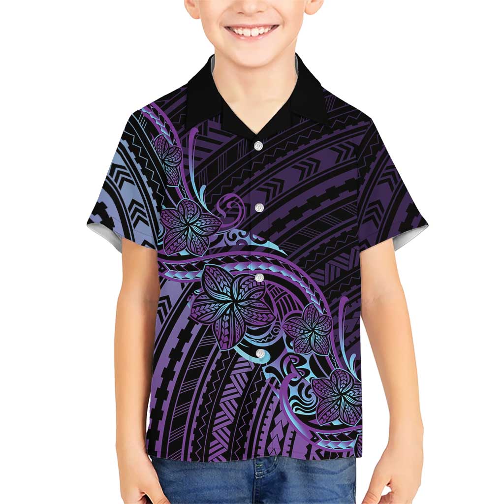 Teal Purple Polynesia Plumeria Tattoo Kid Hawaiian Shirt