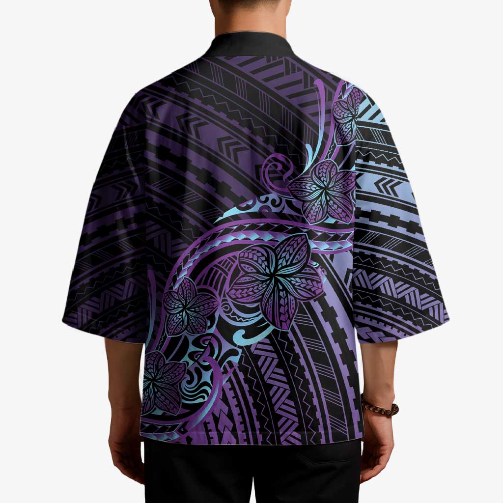 Teal Purple Polynesia Plumeria Tattoo Kimono