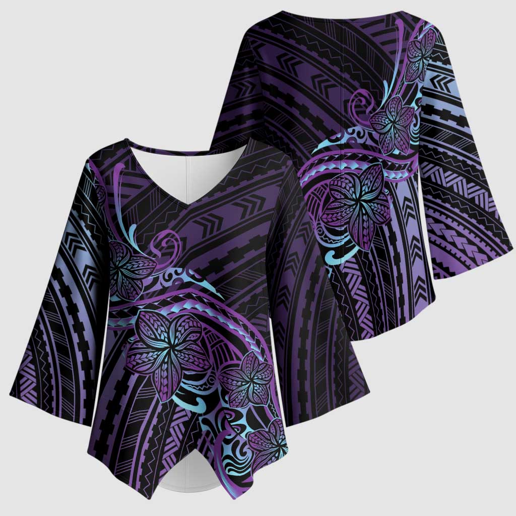 Teal Purple Polynesia Plumeria Tattoo Kimono Sleeve Blouse
