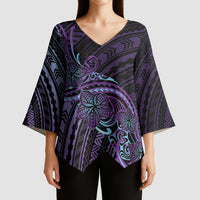 Teal Purple Polynesia Plumeria Tattoo Kimono Sleeve Blouse