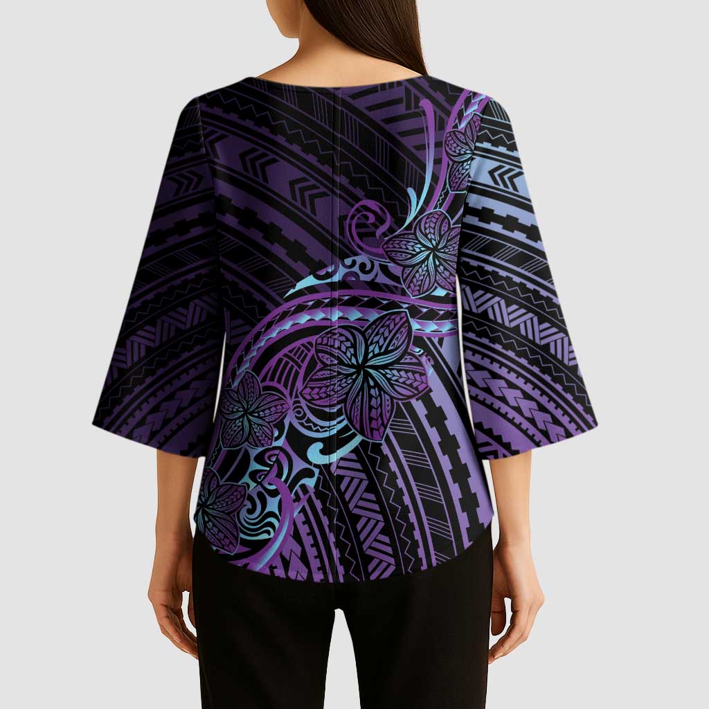 Teal Purple Polynesia Plumeria Tattoo Kimono Sleeve Blouse