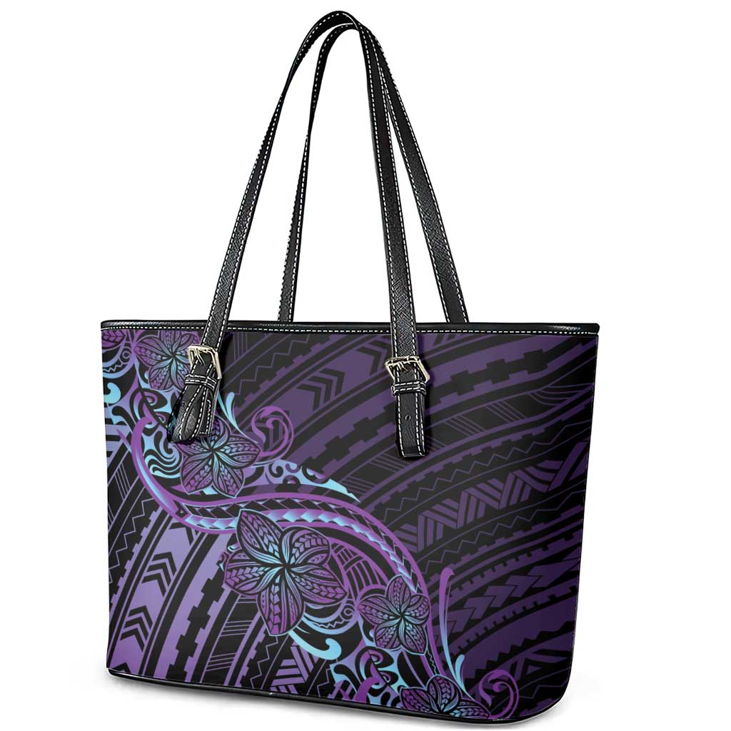 Teal Purple Polynesia Plumeria Tattoo Leather Tote Bag